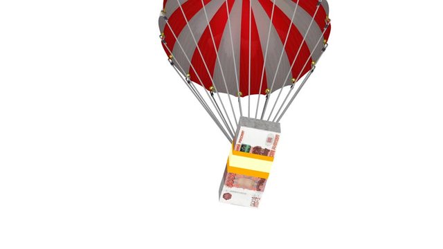 A pack of Russian rubles is dropping by parachute. A pack of Russian rubles flying on a parachute. Footage video