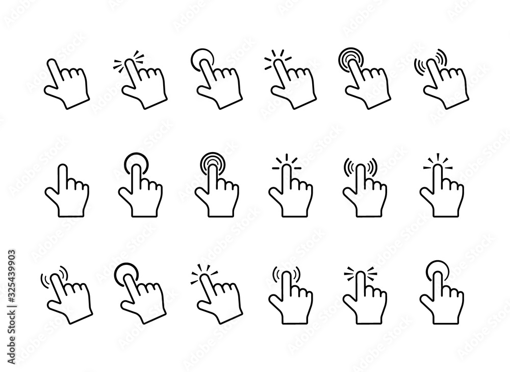 Poster set computer pointer click icon. clicking hands cursors tools. vector illustration
