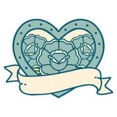 tattoo style icon of a heart and banner with flowers