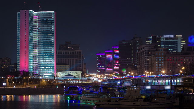Buildings at New Arbat Street after sunset timelapse. New Arbat is located in the central part of Moscow