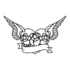 black line tattoo of a flying heart with flowers and banner