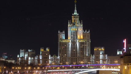 Fototapeta na wymiar Dusk view of the Kotelnicheskaya Embankment Building, one of the Seven Sisters buildings in Moscow timelapse, Russia.