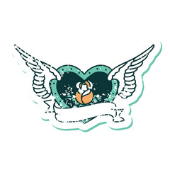 distressed sticker tattoo style icon of a flying heart with flowers and banner