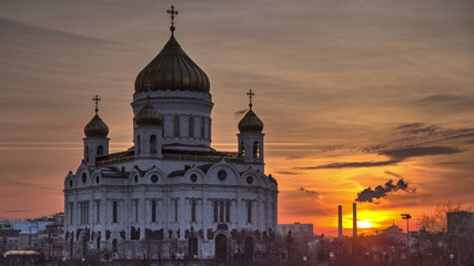 Obraz premium Majestic orthodox Cathedral of Christ Saviour with sunset Timelapse, Russia