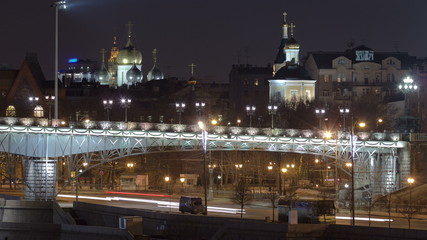 Fototapeta na wymiar Embankment of the Moscow river. The Patriarchal Bridge night timelapse