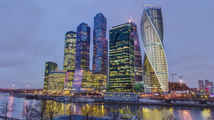 Skyscrapers International Business Center City day to night timelapse , Moscow, Russia