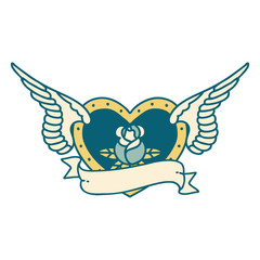 tattoo style icon of a flying heart with flowers and banner