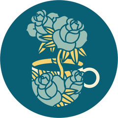 tattoo style icon of a cup and flowers