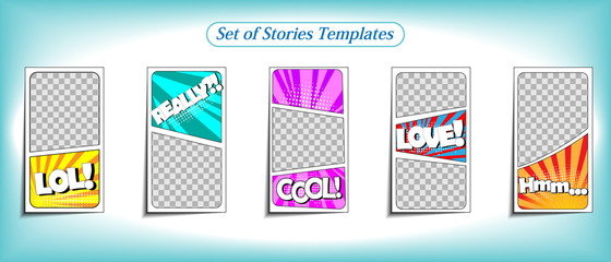 Naklejka premium Vector colorful background in pop art retro comic style. Vector trendy editable set of templates for social media networks stories. Modern design backgrounds for flyers, cards, posters. 