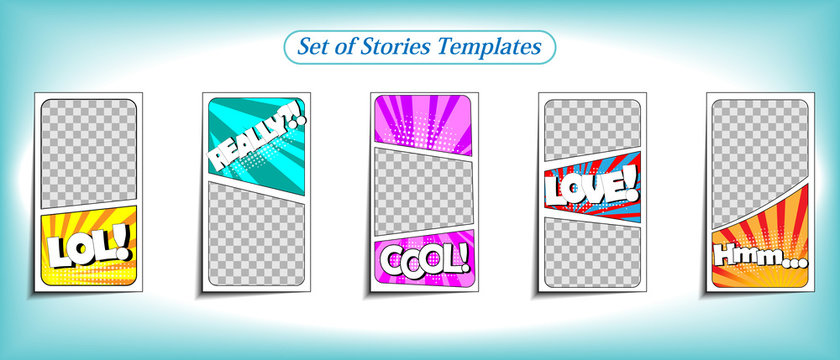 Vector colorful background in pop art retro comic style. Vector trendy editable set of templates for social media networks stories. Modern design backgrounds for flyers, cards, posters. 