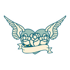 tattoo style icon of a flying heart with flowers and banner