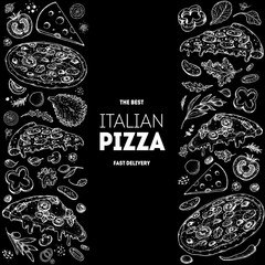 Italian pizza and ingredients. Italian food menu design template. Pizzeria menu design template. Vintage hand drawn sketch vector illustration. Engraved image.