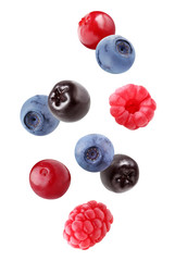 falling blueberries, chokeberry, raspberry and cranberry isolated on white background with a...