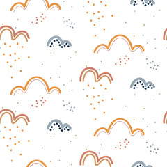 Cute seamless pattern with hand drawn rainy clouds. Design texture for kids. Childish illustration.
