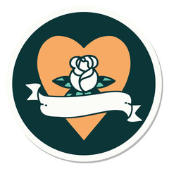 tattoo style sticker of a heart rose and banner