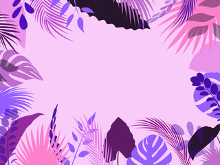 Abstract floral background with exotic palm, purple wallpaper, leaves, floral desighn