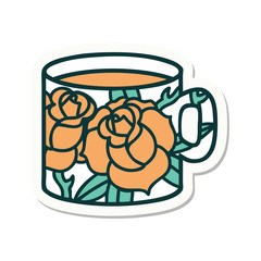 tattoo style sticker of a cup and flowers