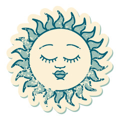 distressed sticker tattoo style icon of a sun with face