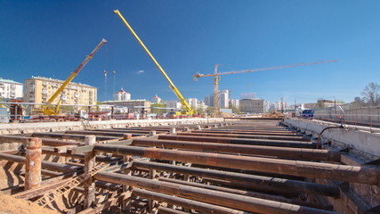 Fototapeta premium Construction of a new circular metro line. Russia, Moscow timelapse