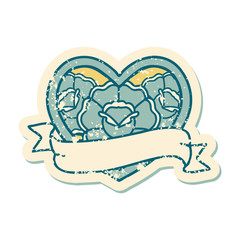 distressed sticker tattoo style icon of a heart and banner with flowers