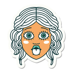 tattoo style sticker of female face sticking out tongue