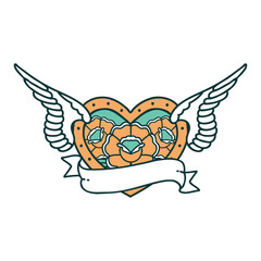 tattoo style icon of a flying heart with flowers and banner