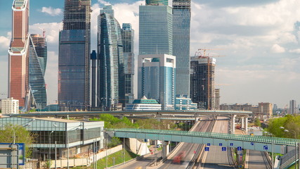 Obraz premium Skyscrapers International Business Center City at cloudy day timelapse, Moscow, Russia