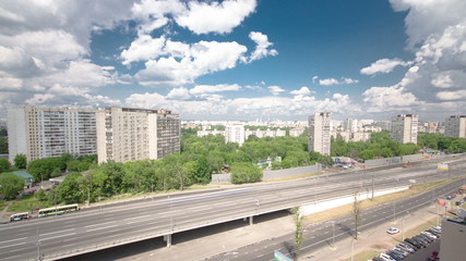 Traffic on the elevated road timelapse overpass on Yaroslavl highway in Moscow