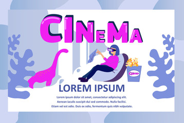 Creative Design VR Cinema Advertising Text Banner. Cartoon Woman Character Wearing Virtual Glasses Headset Sit in Soft Chair and Watch Movie about Dinosaur. Flat Vector Promotion Illustration