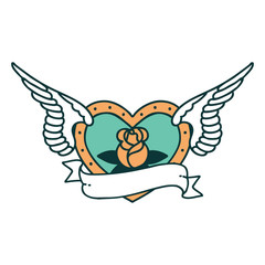tattoo style icon of a flying heart with flowers and banner