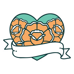 Fototapeta premium tattoo style icon of a heart and banner with flowers