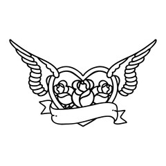 black line tattoo of a flying heart with flowers and banner