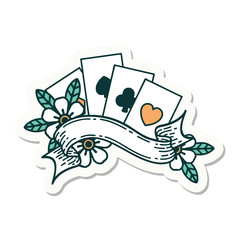 tattoo style sticker of cards and banner