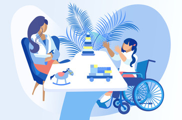 Cartoon Woman Teaching Disabled Little Girl Sitting in Wheelchair. Personal Education for Preschool Child with Disability. Teacher and Handicapped Pupil on Lesson. Vector Flat Illustration