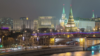 View from the Patriarchal Bridge on Moscow Kremlin andthe embankment of the Moscow river timelapse