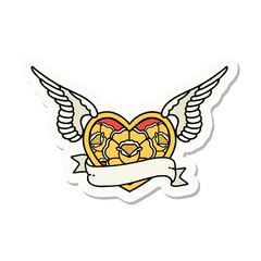 tattoo style sticker of a flying heart with flowers and banner