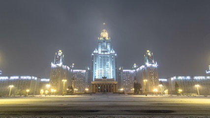 The Main Building Of Moscow State University On Sparrow Hills At Winter timelapse  at Night