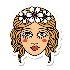 tattoo style sticker of female face with crown of flowers
