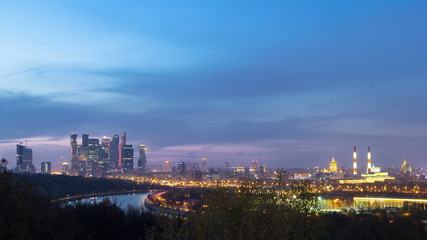 Fototapeta na wymiar Panoramic view of Moscow City, Russia, from Sparrow Hills day to night timelapse