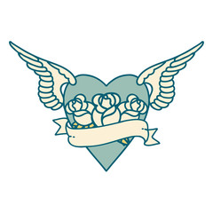 tattoo style icon of a heart with wings flowers and banner