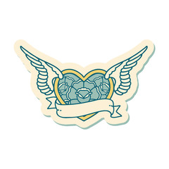 tattoo style sticker of a flying heart with flowers and banner