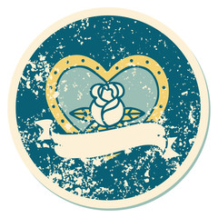 distressed sticker tattoo style icon of a heart rose and banner