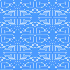 Cartoon Micro Scheme on Blue Seamless Pattern. Flat Electronic Circuit Board Wallpaper. Abstract Motherboard Background. High Tech Printed Microchip Texture. Nanotechnology. RFID. Vector Illustration