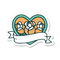 tattoo style sticker of a heart and banner with flowers
