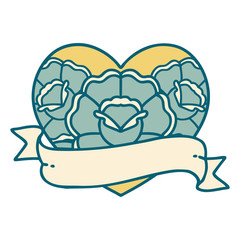 tattoo style icon of a heart and banner with flowers