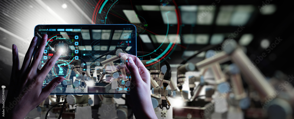 Poster Engineer hand using digital tablet and checking welding robotics automatic arms machine. Augmented reality in intelligent factory  industrial with monitoring system software.