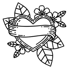 black line tattoo of a heart and banner