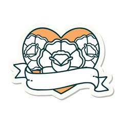tattoo style sticker of a heart and banner with flowers