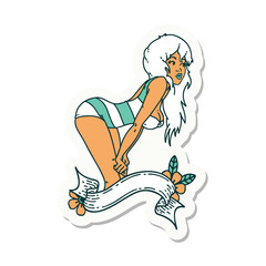 tattoo sticker of a pinup girl in swimming costume with banner