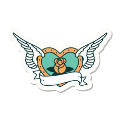tattoo style sticker of a flying heart with flowers and banner